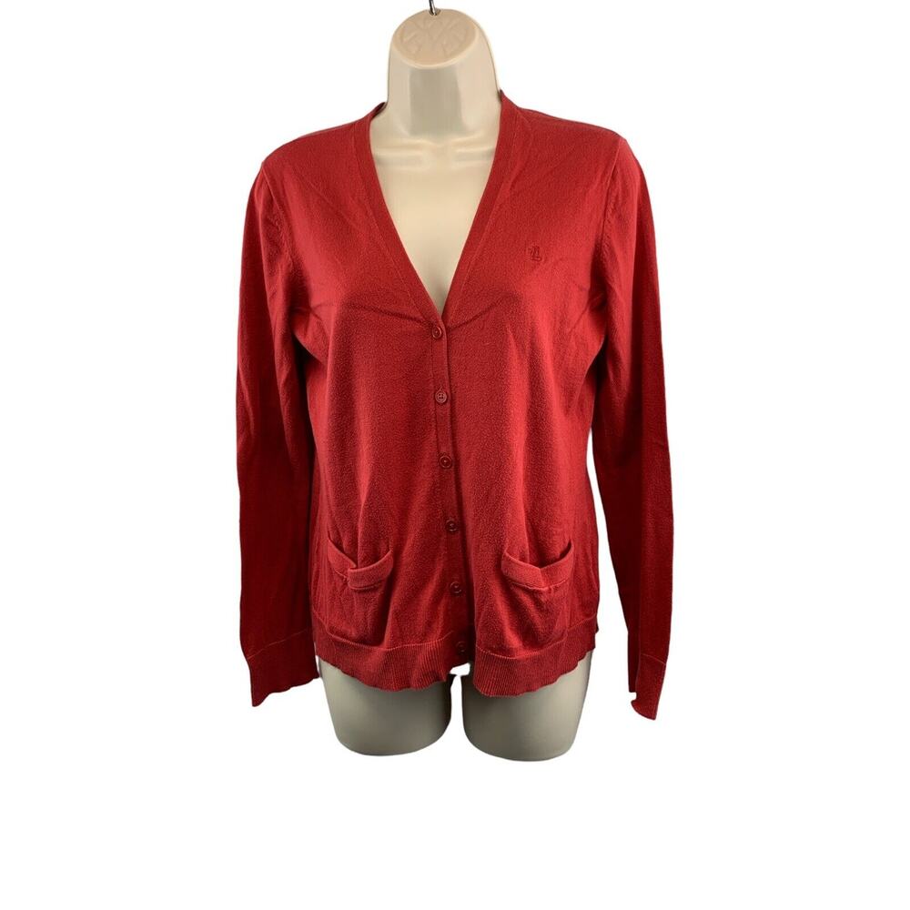 Lauren Ralph Lauren Womens Cardigan Sweater Sz Medium Red Cotton Pockets Button